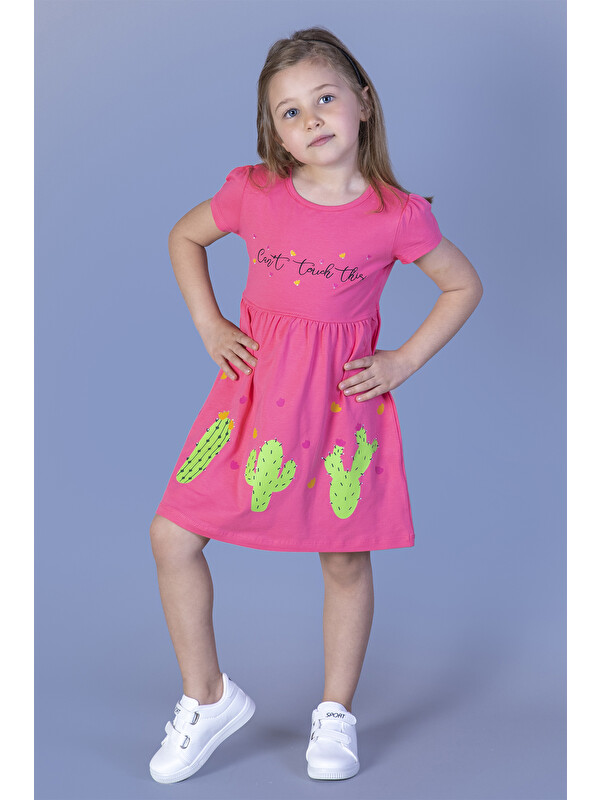 Toontoykids Kız Çocuk Kaktüs Baskılı Büzgülü Elbise