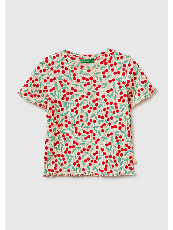 United Colors Of Benetton Kız Çocuk Yeşil-Kırmızı Logolu Baskılı Fırfır Detaylı Ribanalı Bisiklet Yaka T-Shirt