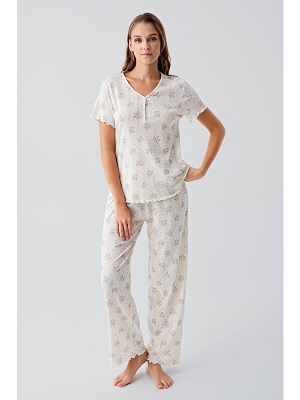Artış Kısa Kollu Çiçek Desenli Düğmeli Ajurlu %100 Pamuk Pijama Takım 19202