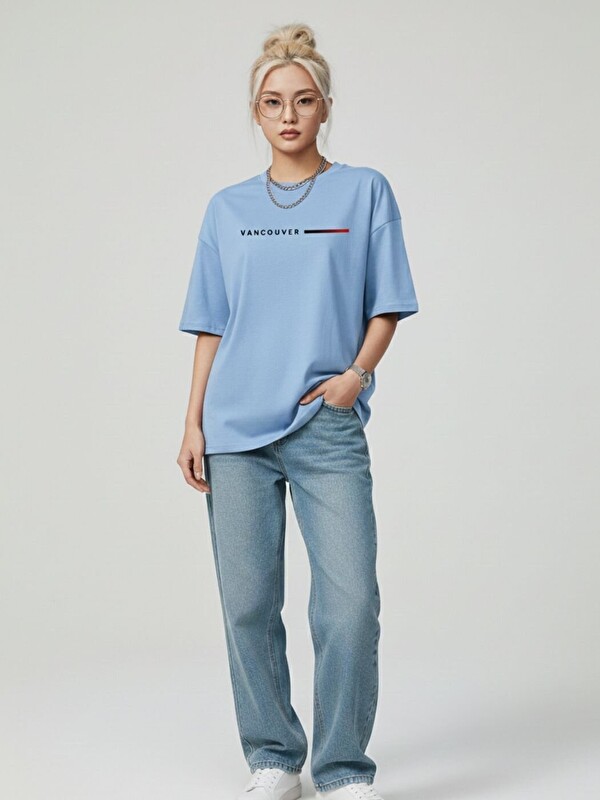 Trendseninle Kadın Bebe Mavi Vancouver Baskılı Oversize Tişört