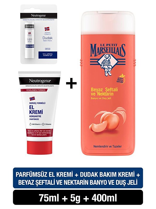 Neutrogena Norveç Formülü Parfümsüz El Kremi + Dudak Kremi + LPM Duş Jeli Şeftali 400 ml