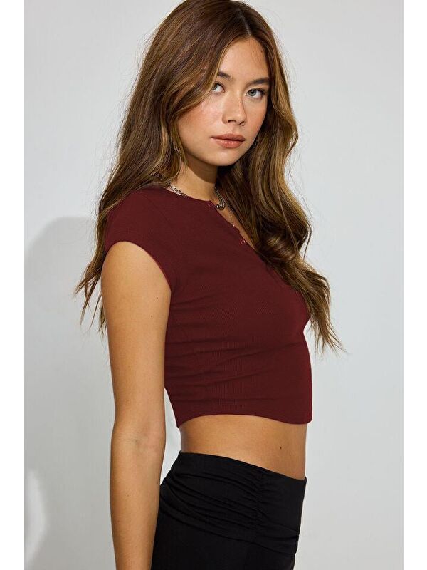 Madmext Bordo Henley Çıt Kapamalı Kadın Tişört Mg2306