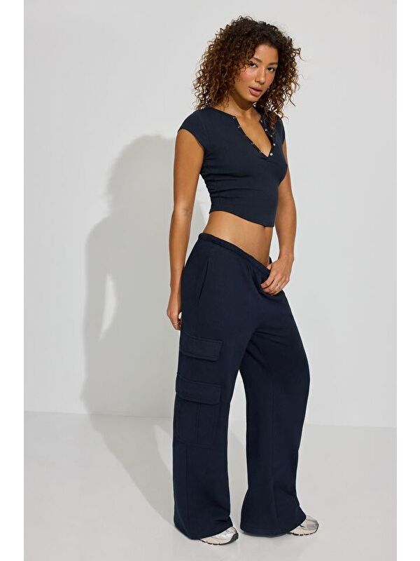 Madmext Lacivert Henley Çıt Kapamalı Kadın Tişört Mg2306