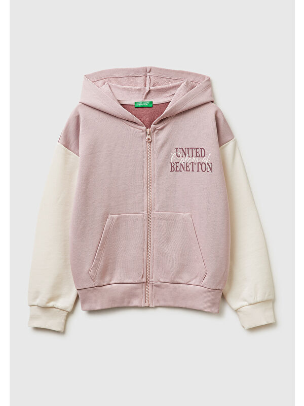 United Colors Of Benetton Kız Çocuk Gül Kurusu Simli Logolu Fermuarlı Cepli Kapüşonlu Yüksek Yaka Sweatshirt