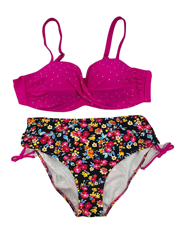 Hazelin Kadın Fuşya Çiçek Desenli Taş İşlemeli Büyük Beden Astarlı Bikini Takım HZL25S-LC3312