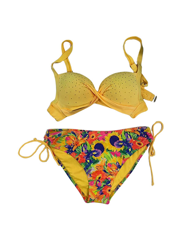 Hazelin Kadın Sarı Çiçek Desenli Taş İşlemeli Astarlı Bikini Takım HZL25S-LC3313