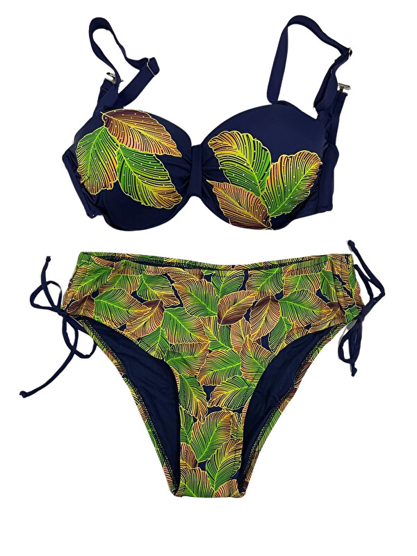 Hazelin Kadın Lacivert Yaprak Desenli Taş İşlemeli Astarlı Bikini Takım HZL25S-LC3305