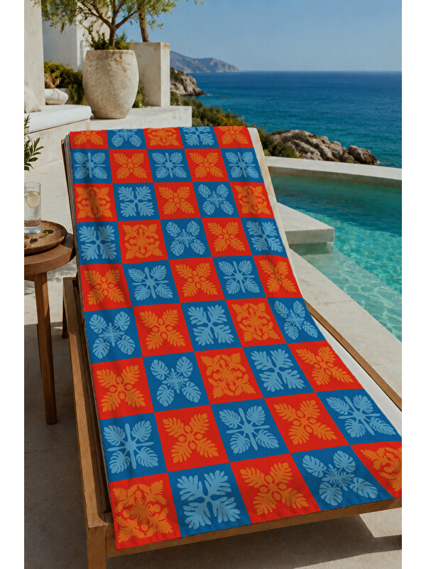 Milbay Grup Turuncu Mavi Dama Etnik Çiçek Motifli 70x150 cm Dijital Baskılı Plaj ve Banyo Havlusu