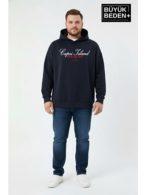 Süperlife Erkek Büyük Beden İnce Kapüşonlu Capri Island Baskılı İnce Sweatshirt SPR26BSW957-14
