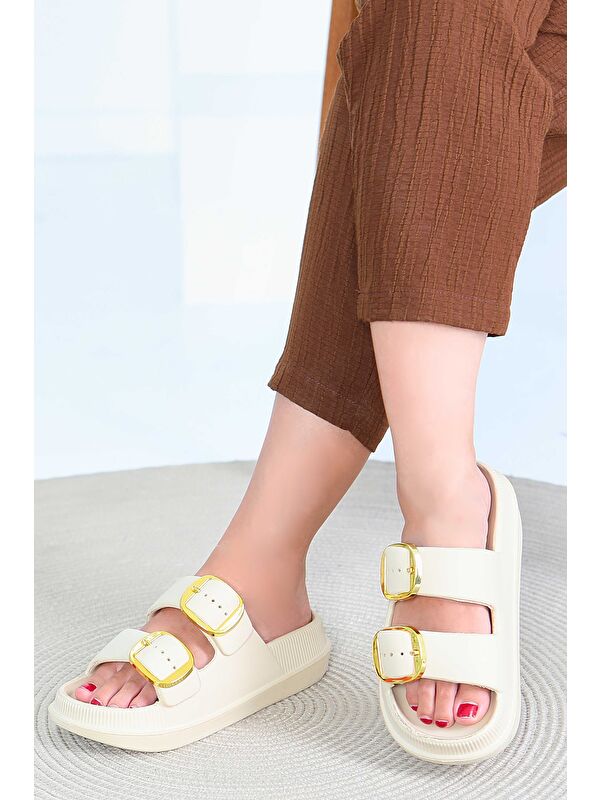 Kadın Krem Çift Kemerli Terlik - 27565 - Görsel 2