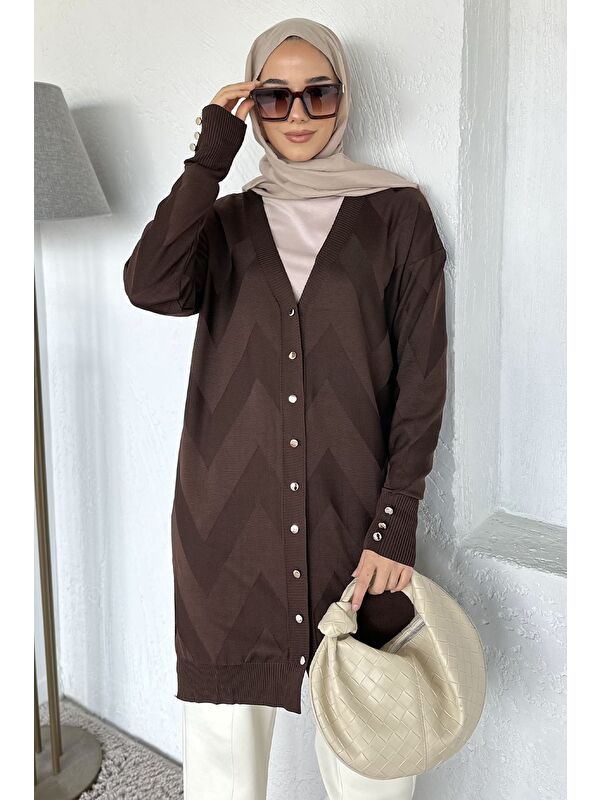 Julude Ön Düğmeli Desenli Tesettür Triko Hırka (m-l-xl Uyumludur)