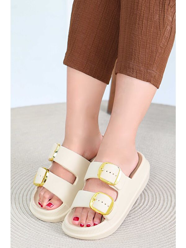 Kadın Krem Çift Kemerli Terlik - 27565 - Görsel 3