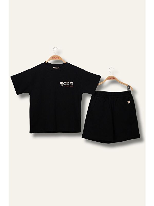 ZEYLAND Erkek Çoçuk Sörf Baskılı T-Shirt Kısa Şort Takım - Siyah