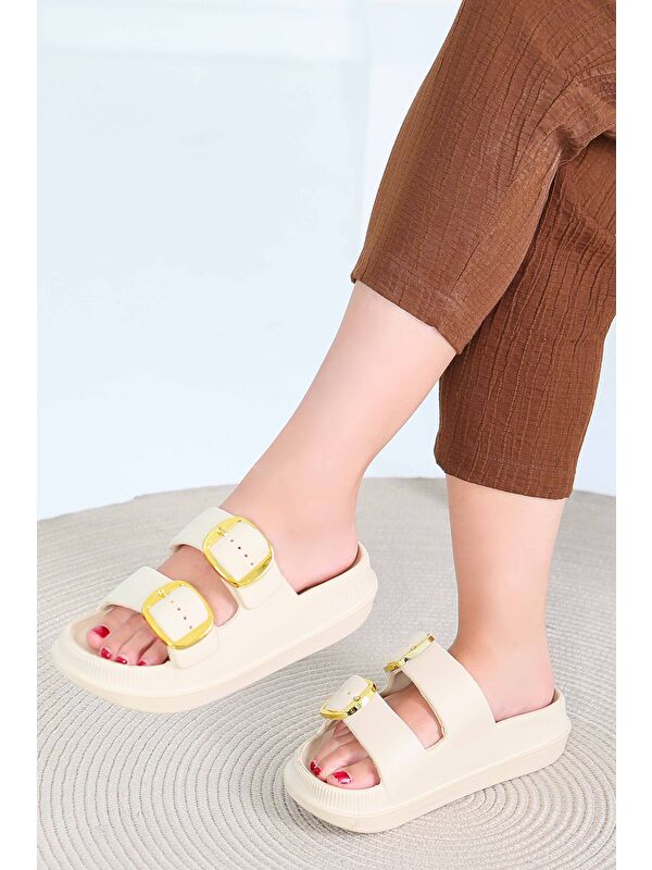 Kadın Krem Çift Kemerli Terlik - 27565 - Görsel 4