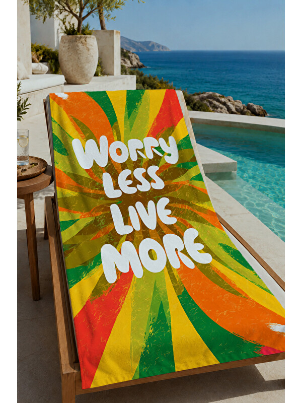 Milbay Grup Yeşil Turuncu Worry Less Yazılı Tropikal Desenli 70x150 cm Dijital Baskılı Plaj ve Banyo Havlusu