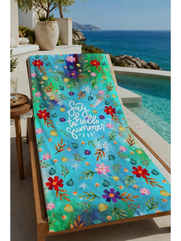 Milbay Grup Turkuaz Çiçekli Mandala Bahçe Desenli 70x150 cm Dijital Baskılı Plaj ve Banyo Havlusu