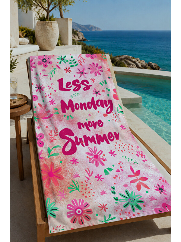 Milbay Grup Pembe Çiçekli Less Mondays More Summer Yazılı 70x150 cm Dijital Baskılı Plaj ve Banyo Havlusu