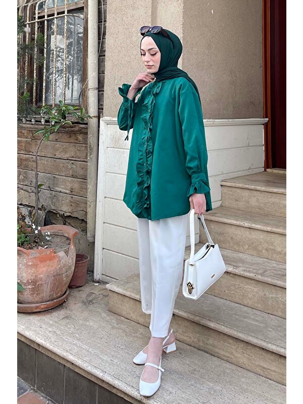Lamelif Flores Fırfırlı Tunik Zümrüt Yeşili