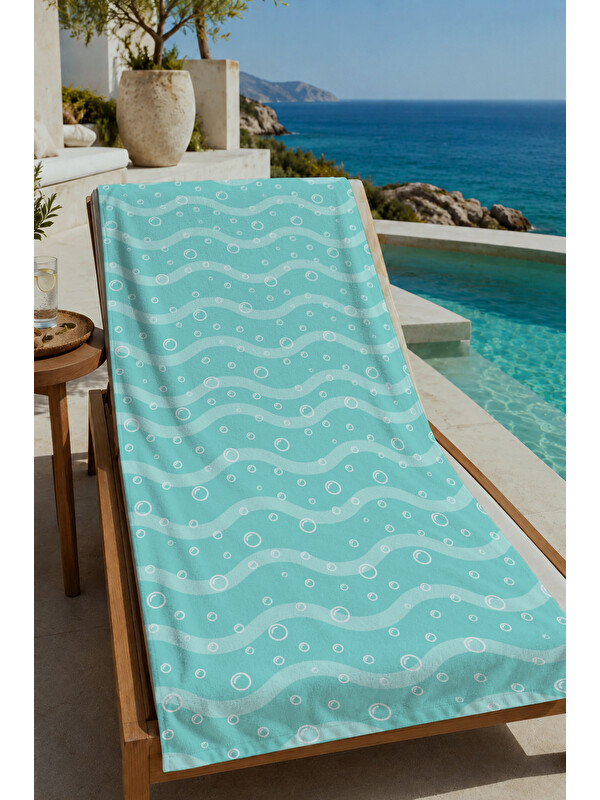 Milbay Grup Milbay Grup Mint Yeşili Beyaz Dalgalı Çizgili Desenli 70x150 Cm Dijital  Plaj Ve Banyo Havlusu-1180