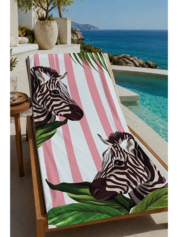 Milbay Grup Pembe Çizgili Zebra ve Tropikal Yaprak Desenli 70x150 cm Dijital Baskılı Plaj ve Banyo Havlusu