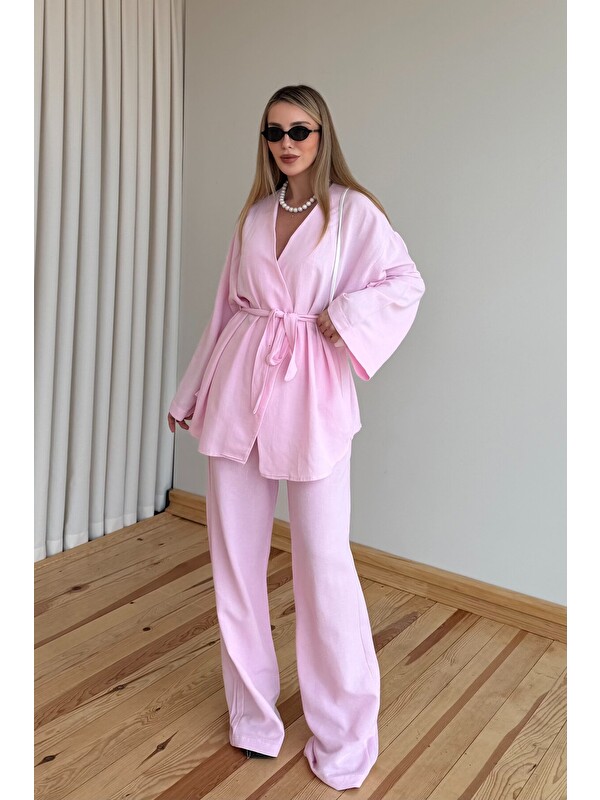 Laluvia Pembe Pamuklu Kimono Takım