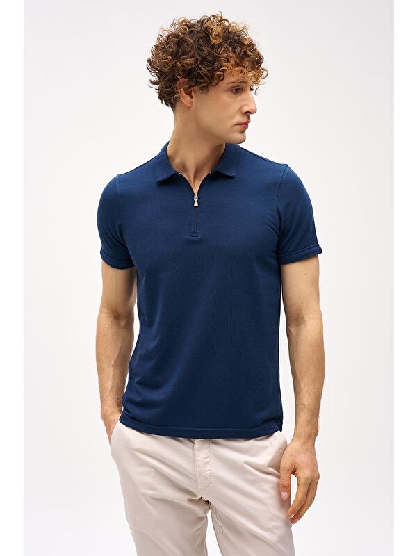 igs Lacivert Slim Fit Dar Kalıp Fermuarlı Polo Yaka Düz Kısa Kollu Tişört