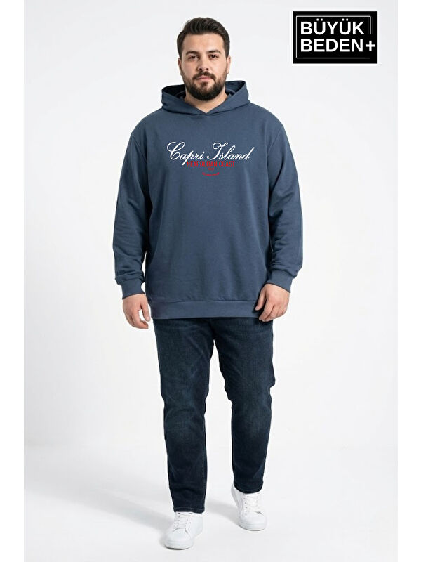 Süperlife Erkek Büyük Beden İnce Kapüşonlu Capri Island Baskılı İnce Sweatshirt SPR26BSW957-14