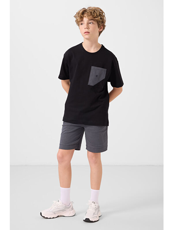 Tommylife Siyah-Gri Pamuklu Oversize Fit Dokuma Hafif Esnek Chino Erkek Çocuk Şort Takım - 11278