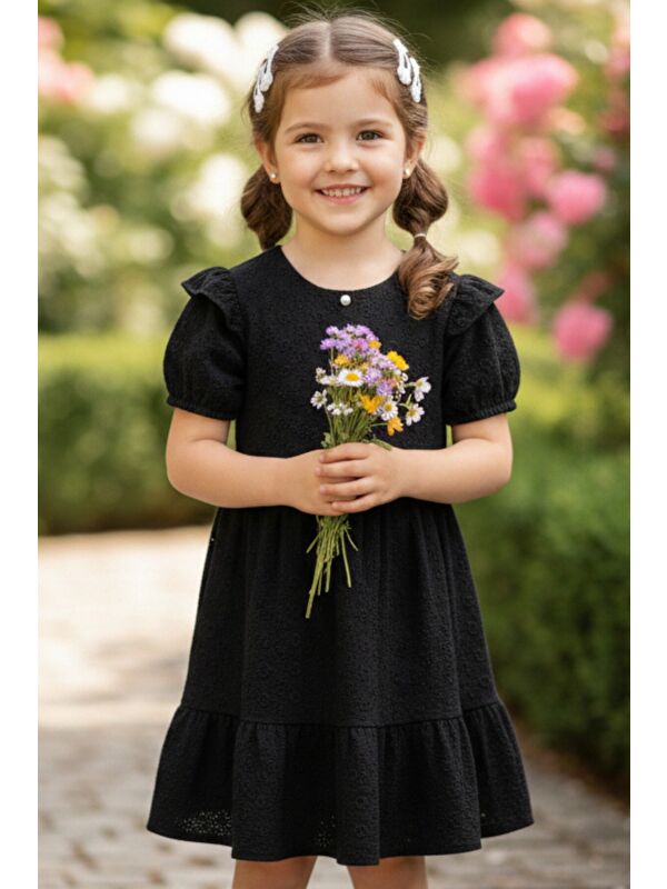 My Kids Wear Kız Çocuk Siyah Fisto Kumaş Düğmeli Yazlık Elbise 12529