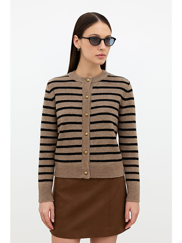 Fashion Friends Regular Fit Düğmeli Çizgili Kadın Hırka 25K0288K1