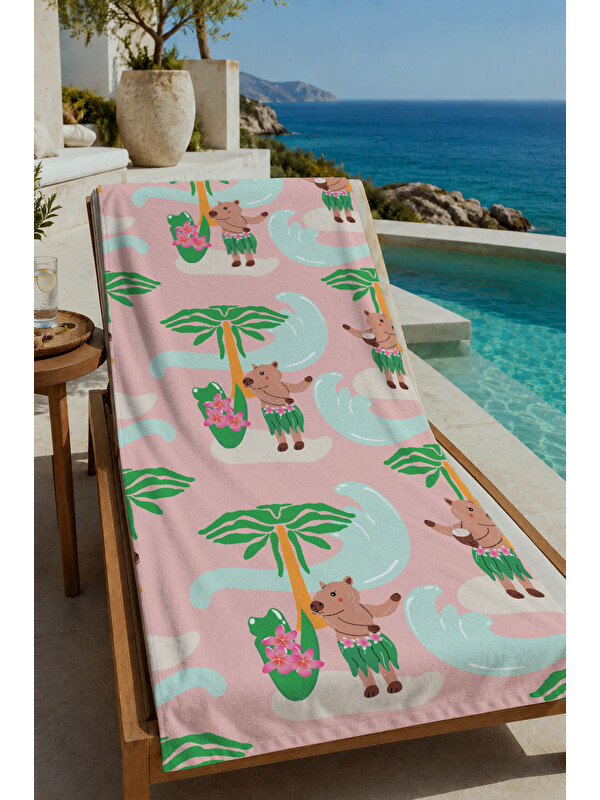 Milbay Grup Pembe Tropikal ve Palmiye Desenli 70x150 cm Dijital Baskılı Plaj ve Banyo Havlusu