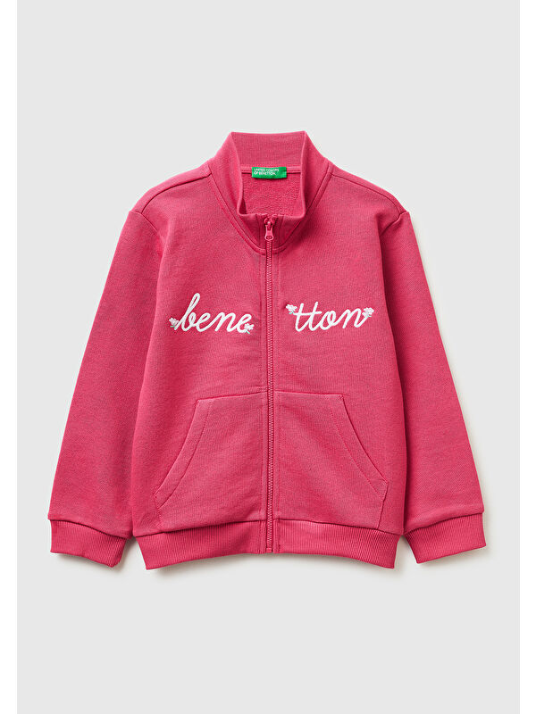 United Colors Of Benetton Kız Çocuk Koyu Pembe Simli Grafik Baskılı Logolu Cepli Fermuarlı Sweatshirt