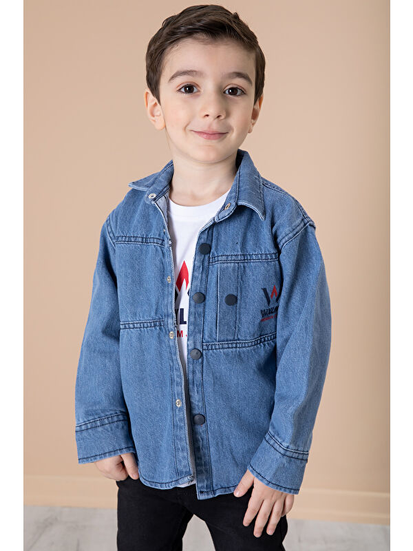Wikiland Mavi Yazı Baskılı Bisiklet Yaka Tişörtlü Erkek Çocuk Jean Gömlek 20078