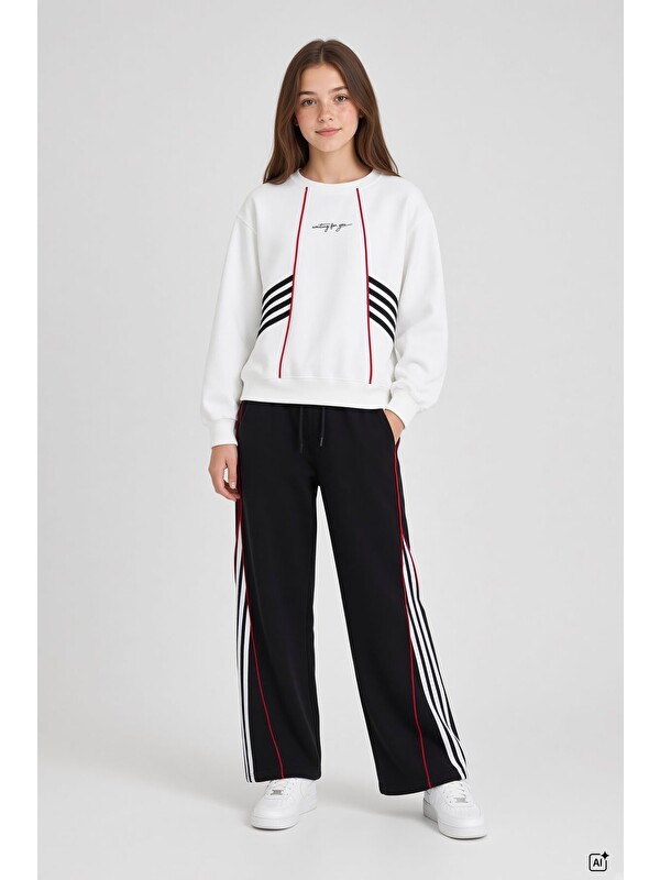 Cansın Mini Siyah Kız Çocuk Şeritli Sweatshirt Geniş Paça Eşofman Takımı 24680
