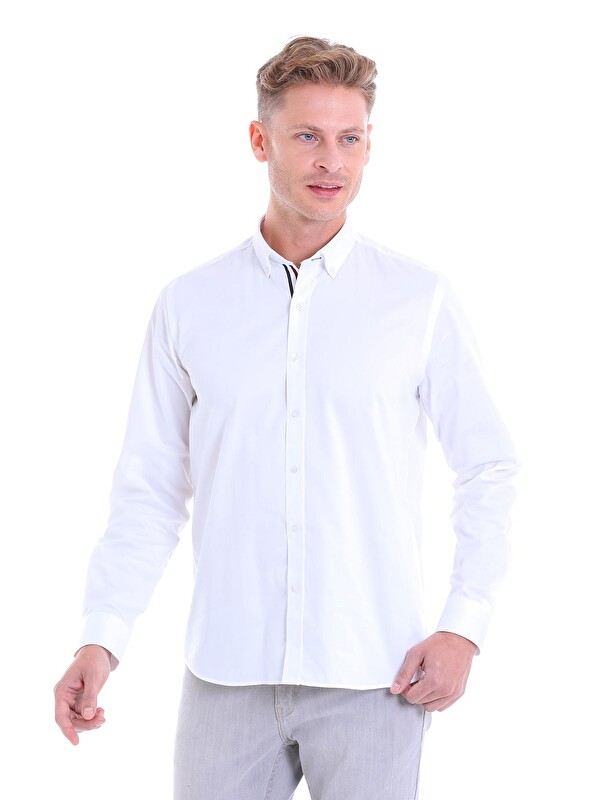 Hatemoğlu Beyaz Comfort Fit Düz 100% Pamuk Slim Yaka Uzun Kollu Klasik Saten Gömlek