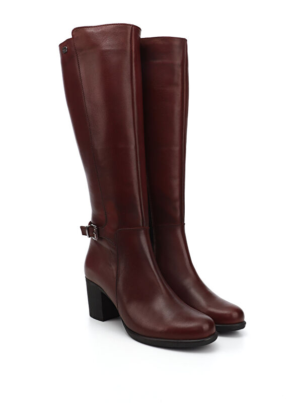 Kadın BORDO Fermuarlı Kalın Topuklu Hakiki Deri Çizme - Görsel 3