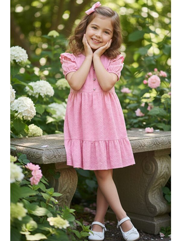 My Kids Wear Kız Çocuk Pembe Fisto Kumaş Düğmeli Yazlık Elbise 12528