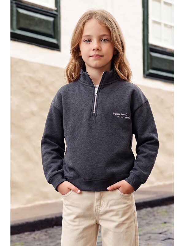 Fullamoda 3 İplik Yarım Fermuarlı Dik Yaka Kız Çocuk Sweatshirt
