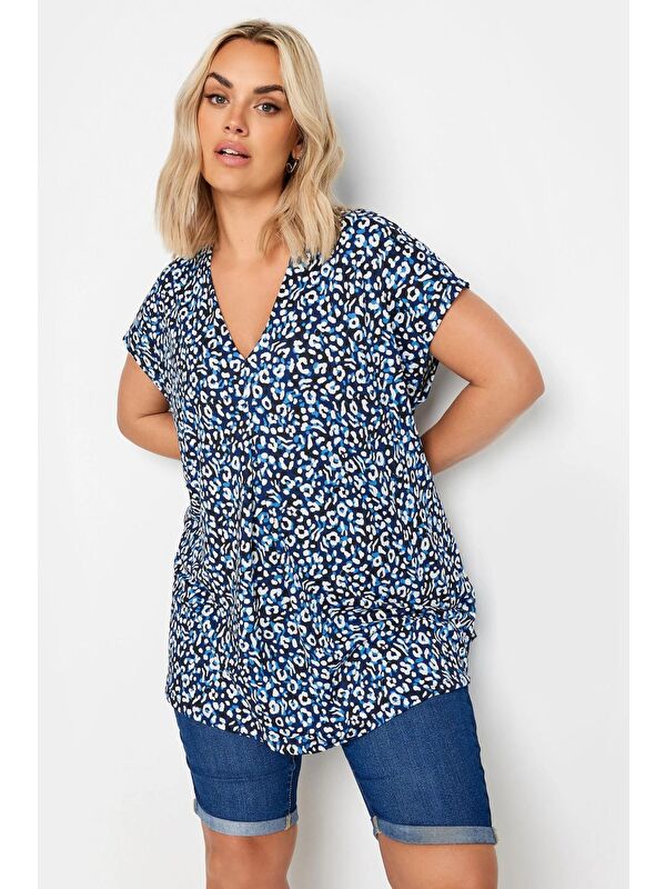 Stil Diva Büyük Beden V Yaka Leopar Desenli Kısa Kollu Bluz 321780