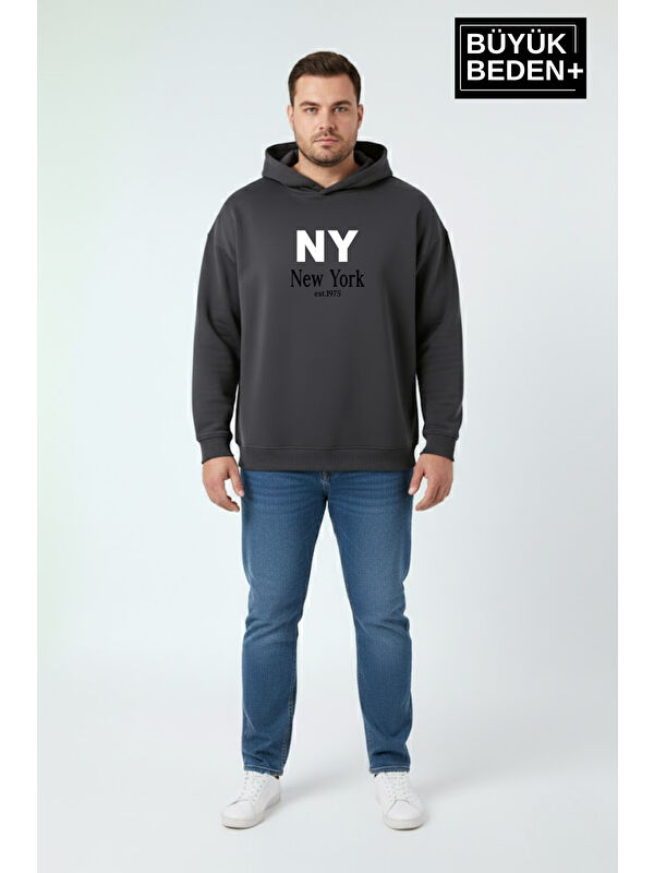 Süperlife Erkek Büyük Beden İnce Kapüşonlu NY Newyork Baskılı İnce Sweatshirt SPR26BSW957-15