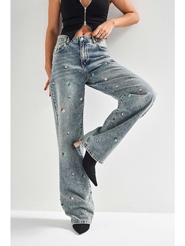 It's Basic Kadın Jean Rengi 4S5 65 Çiçek Nakışlı Loose Fit Orta Bel  100 Pamuk Denim Jean