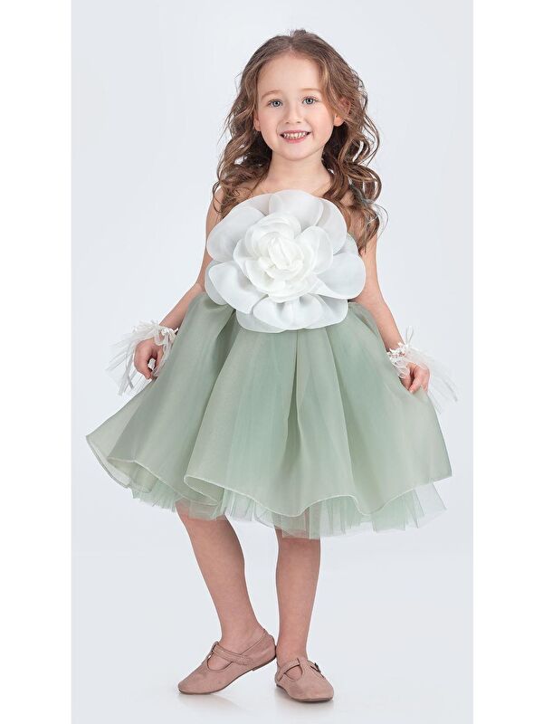 Mnk Baby & Kids Karolin Robası Çiçekli Bilekli Aksesuarlı Kız Çocuk Abiye Elbise M00724