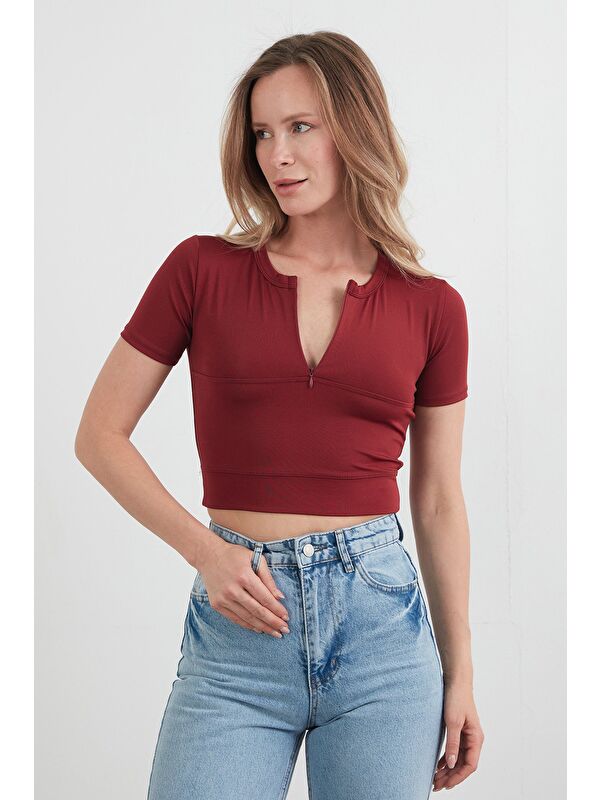Fullamoda Basic Yarım Fermuarlı Dalgıç Kumaş Crop Tişört