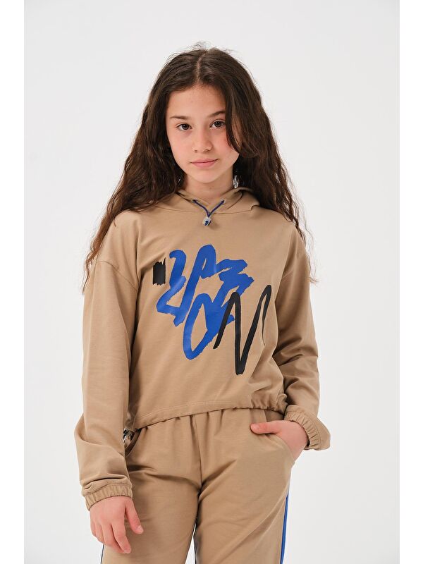 JAZZİEE Unisex Çocuk Baskılı Kapüşonlu Sweatshirt - Bej