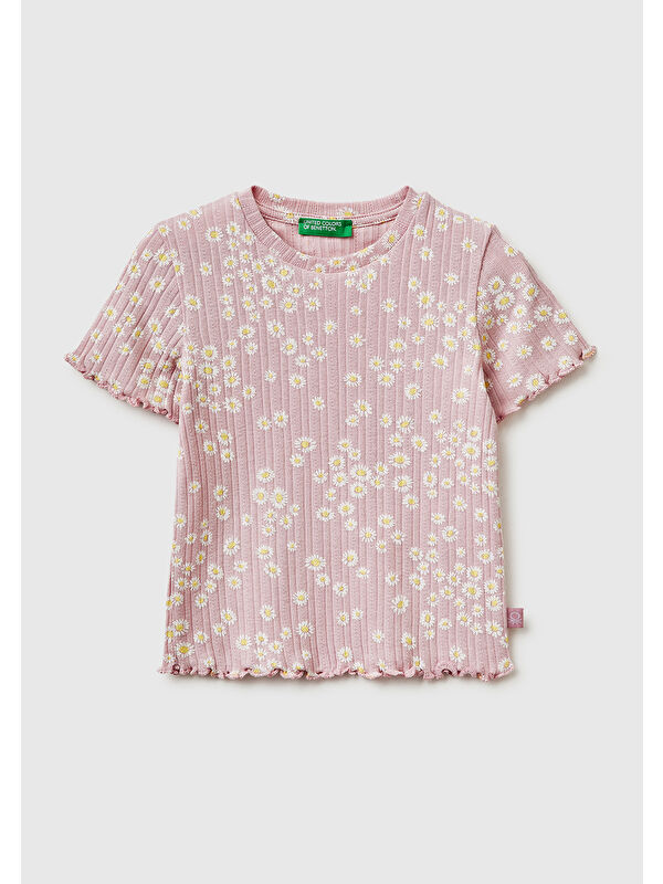 United Colors Of Benetton Kız Çocuk Gül Kurusu Logolu Baskılı Fırfır Detaylı Ribanalı Bisiklet Yaka T-Shirt