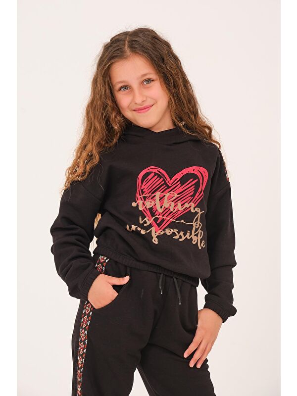JAZZİEE Genç Kız Çocuk Kalp Baskılı Kapüşonlu Sweatshirt - Siyah
