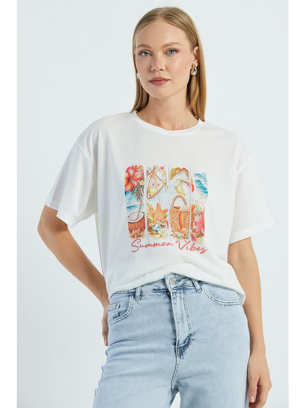 Fullamoda Taşlı Summer Vibes Baskılı Tişört