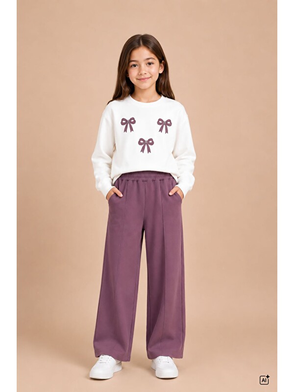 Cansın Mini Gül Kurusu Kız Çocuk Fiyonk Desenli Sweatshirt Geniş Paça Eşofman Takımı 24827