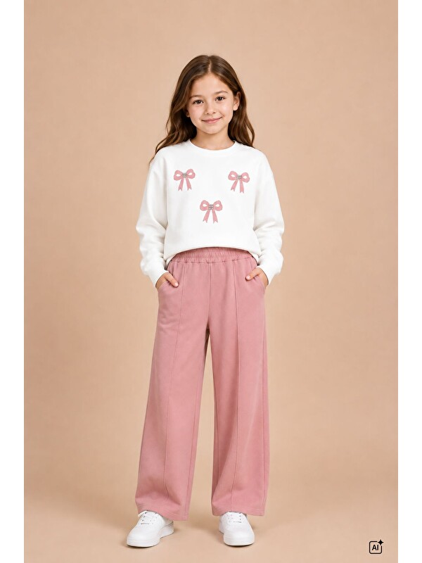 Cansın Mini Somon Kız Çocuk Fiyonk Desenli Sweatshirt Geniş Paça Eşofman Takımı 24826
