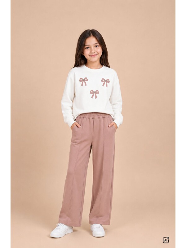 Cansın Mini Kahverengi Kız Çocuk Fiyonk Desenli Sweatshirt Geniş Paça Eşofman Takımı 24825